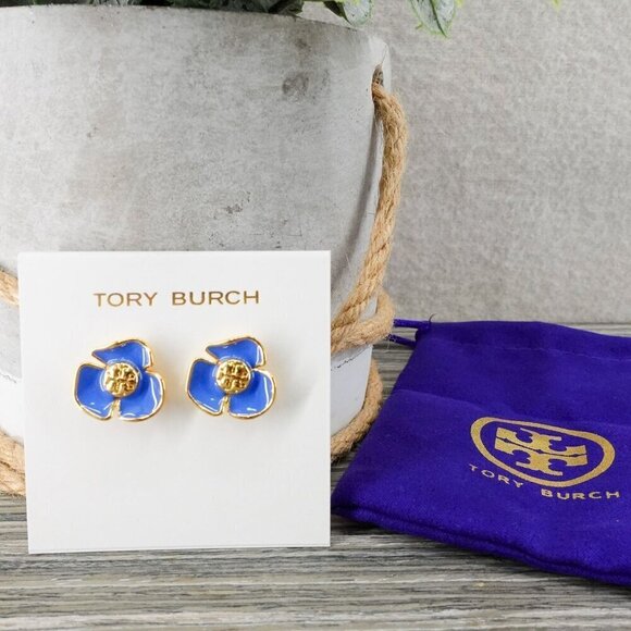 Tory Burch Fleur Flower Stud Earrings Blue OS - Picture 10 of 13